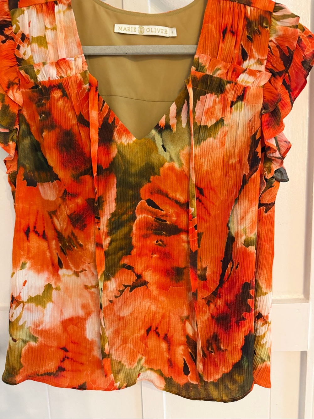 Marie Oliver Orange Floral Ruffle V-Neck Shell